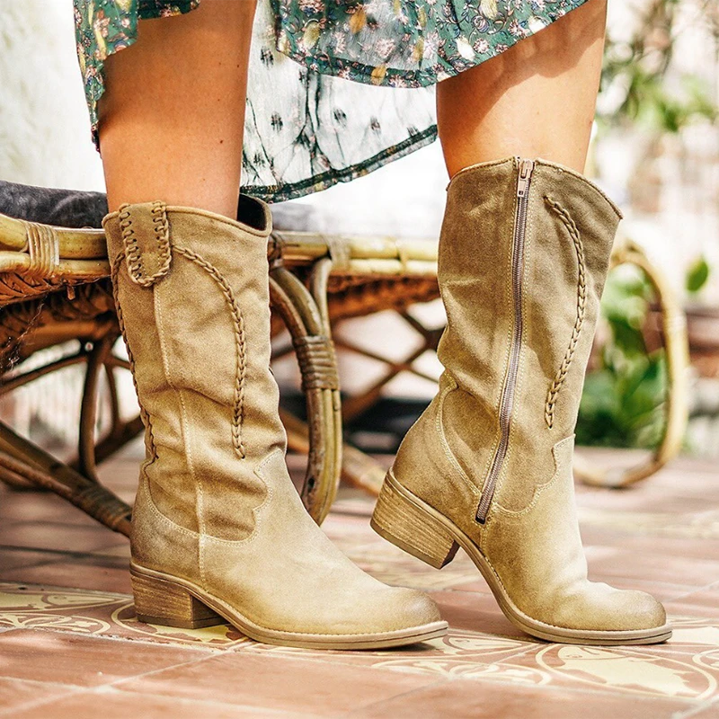 Beige Suede Braided Date All Season Flat Heel Boots