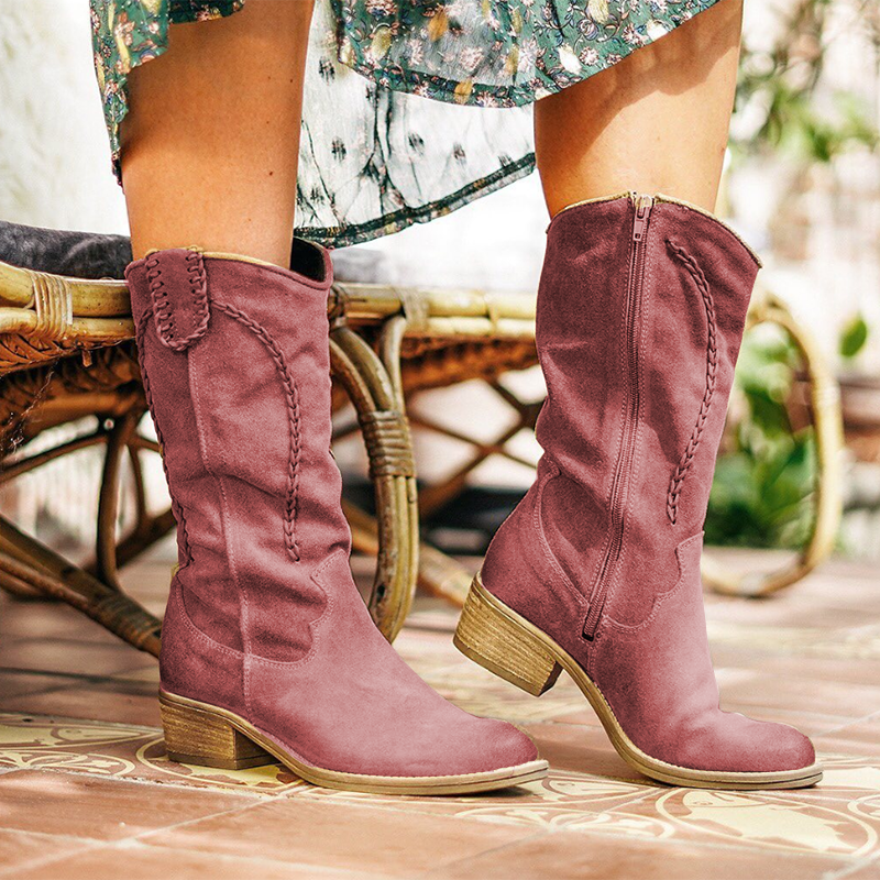 Beige Suede Braided Date All Season Flat Heel Boots
