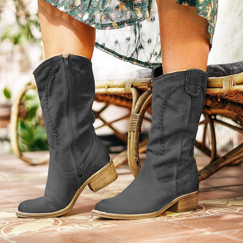 Beige Suede Braided Date All Season Flat Heel Boots