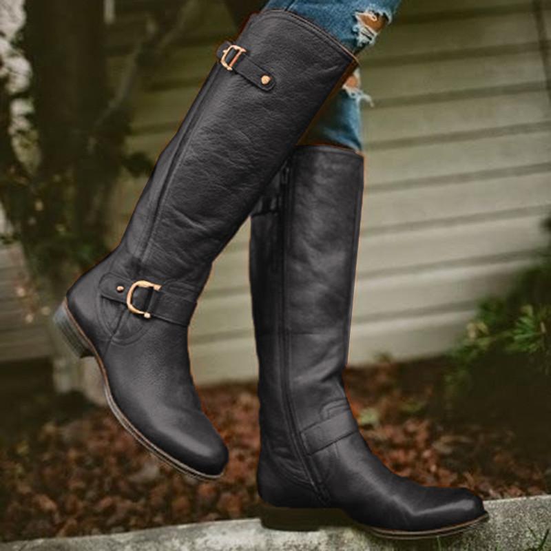 Retro Low Heel PU Zipper Boots Women Warm Boots
