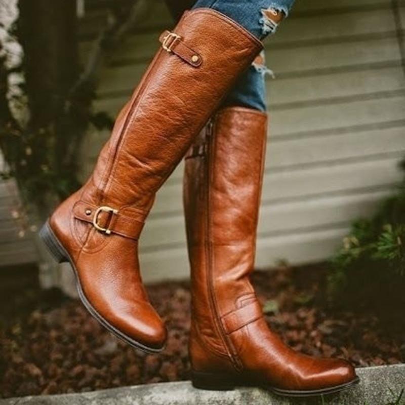 Retro Low Heel PU Zipper Boots Women Warm Boots
