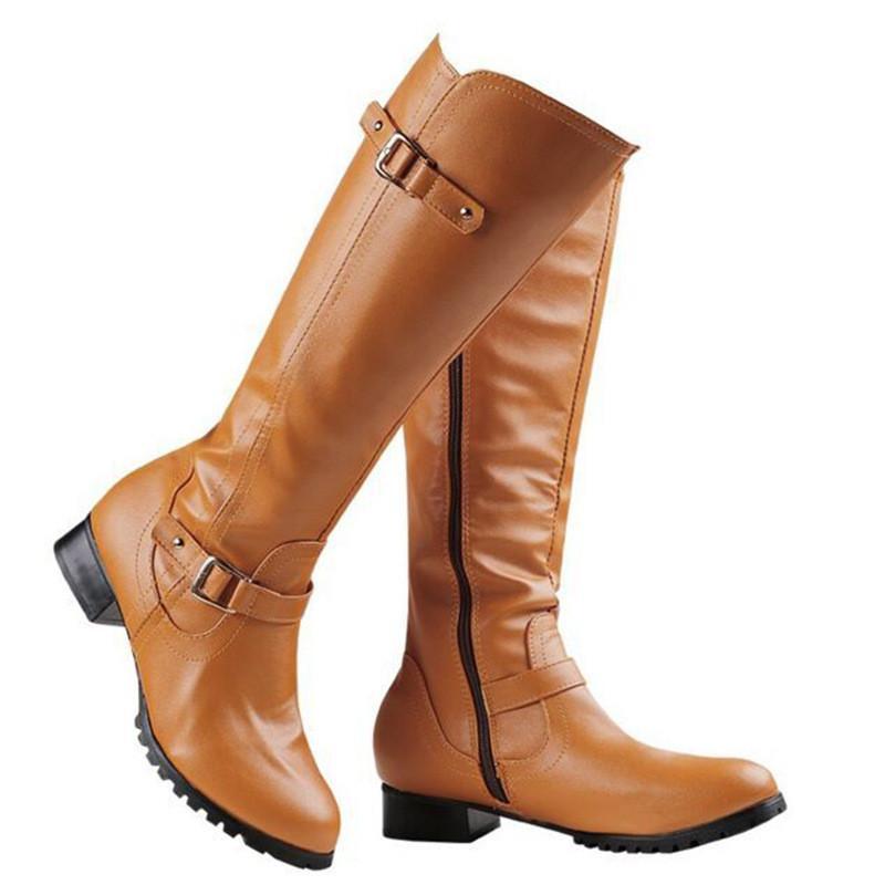 Retro Low Heel PU Zipper Boots Women Warm Boots