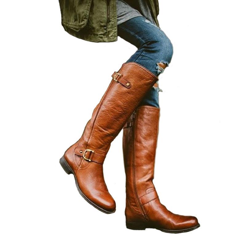 Retro Low Heel PU Zipper Boots Women Warm Boots