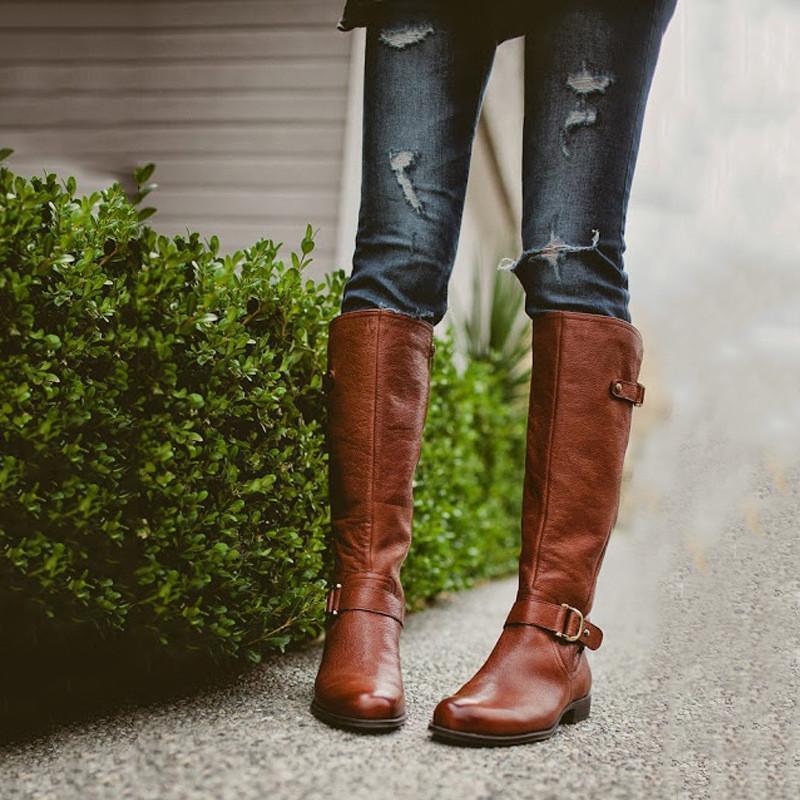 Retro Low Heel PU Zipper Boots Women Warm Boots